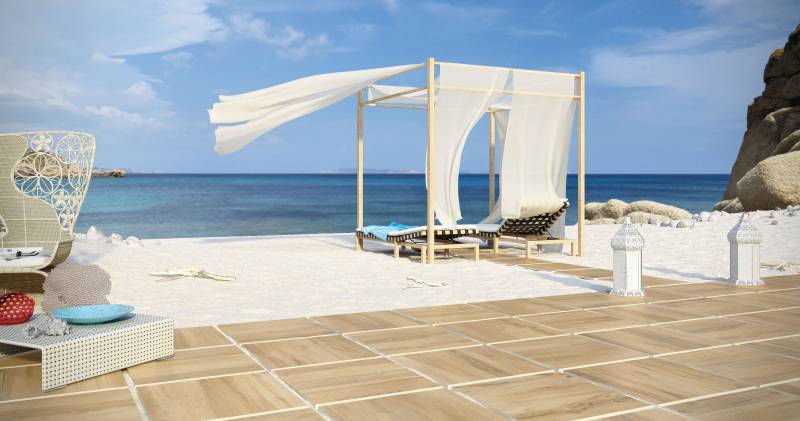 Carrelage imitation bois antidérapant en 2 cm pour pose sur lit de sable