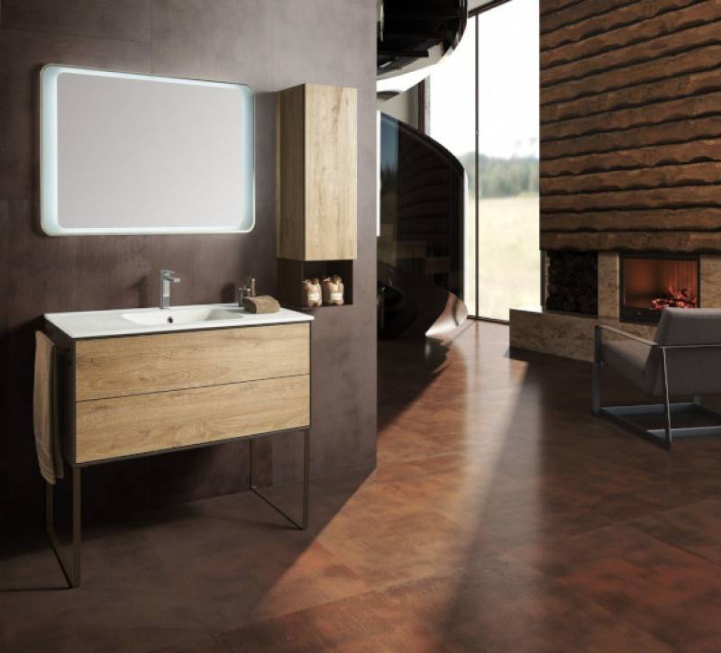 Meuble de salle de Bain vasque semi-encastrée façade bois clair